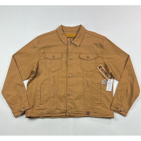 Makobi Mens 3X Beige Khaki Brown Denim Jean Trucker Jacket Distressed M1026 - Picture 1 of 11